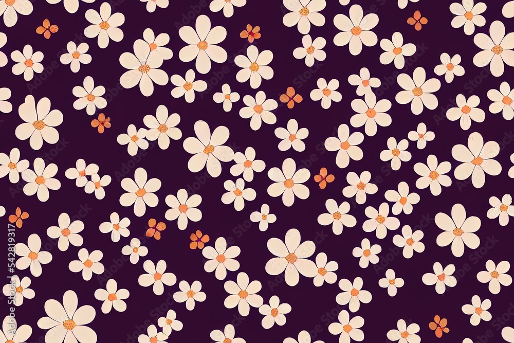 Small cherry blossom with daisy flowers seamless motif pattern illustration. Fabric motif texture repeated. Floral element with leaves. Orange color background. Small cherry blossom with daisy flowers seamless motif pattern illustration. Fabric motif texture repeated. Floral element with leaves. Orange color background.