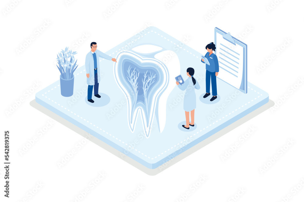 Doctor dentist and medical staff taking care about teeth. Professional teeth cleaning, treatment and oral hygiene. Health dental insurance concept, isometric vector modern illustration