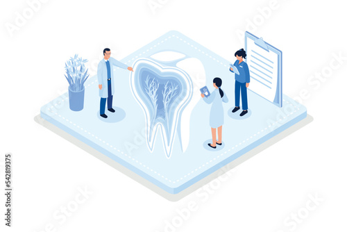 Doctor dentist and medical staff taking care about teeth. Professional teeth cleaning, treatment and oral hygiene. Health dental insurance concept, isometric vector modern illustration