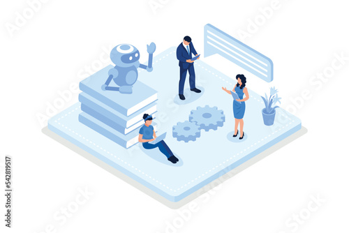 Customers having dialog with chatbot on smartphones. Characters chatting with robot, asking questions and receiving answers. AI assistant support and FAQ concept, isometric vector modern illustration