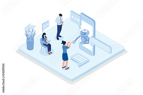 Customers having dialog with chatbot on smartphones. Characters chatting with robot, asking questions and receiving answers. AI assistant support and FAQ concept, isometric vector modern illustration