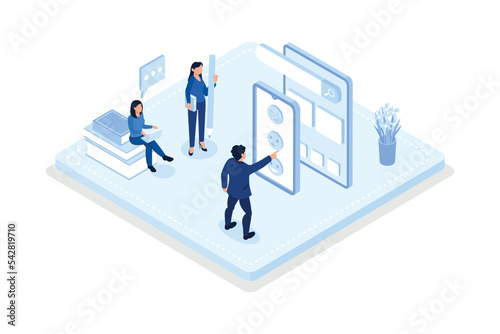 Characters filling survey form, giving positive feedback and filing checklist on smartphone and computer. User experiences concept, isometric vector modern illustration