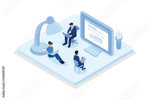 Characters filling survey form, giving positive feedback and filing checklist on smartphone and computer. User experiences concept, isometric vector modern illustration