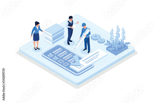 Characters filling survey form, giving positive feedback and filing checklist on smartphone and computer. User experiences concept, isometric vector modern illustration