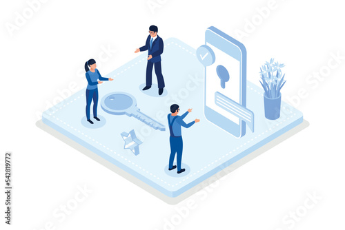 Characters searching and choosing apartment or house for renting or buying. Property market concept, isometric vector modern illustration