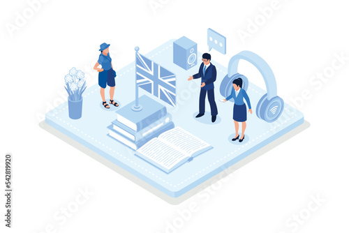 Characters learning English language, Student studying with book and practicing reading, isometric vector modern illustration