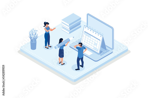 Planning schedule, Characters putting stickers on calendar, Daily planning concept, isometric vector modern illustration