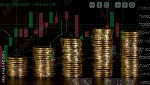 Stock Market Chart with stop motion piles of gold money coins decreasing fading disappear on black background, financial trading concept, Seamless Looping- 4K Ultra HD.
