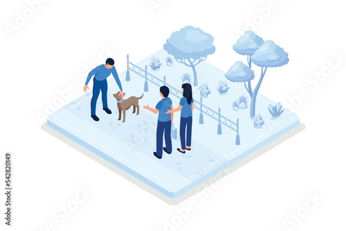 Owner giving dog leash to pet sitter. Volunteers in shelter helping animals, isometric vector modern illustration