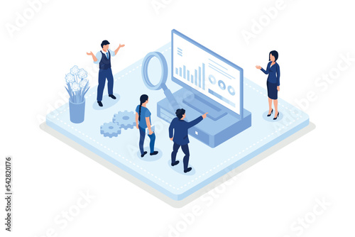 Characters discussing marketing and seo strategy. isometric vector modern illustration