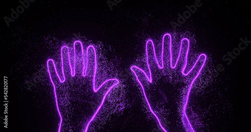 Glowing vfx neon contours of palms waving at camera. Concept of party, fans, concert, spectators, greeting, admiration, idolatry, fans, concert, star.