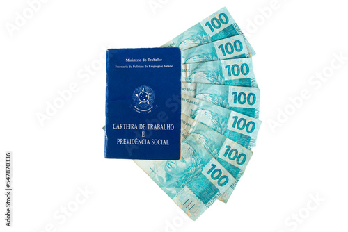 Brazilian work card and social security with Brazilian money banknotes. png transparent background