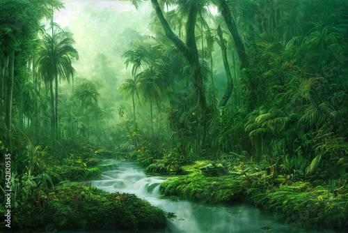 Tropical jungles of Southeast Asia in august. Digital illustration background.