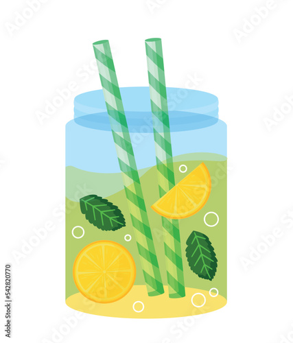 Lemonade in glass jar. Cocktail with mint and citrus, green tubules. Organic and natural product. Vitamins and Vegetarianism. Sticker for social media and messengers. Cartoon flat vector illustration