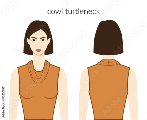 Cowl turtleneck neckline clothes character beautiful lady in ochre top, shirt, dress technical fashion illustration fitted body. Flat apparel template front, back sides. Women, men unisex CAD mockup