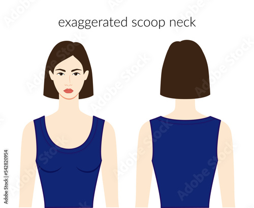 Exaggerated scoop neckline knits, sweaters clothes character beautiful lady in blue top, shirt, dress technical fashion illustration. Flat apparel template front, back sides. Women, men unisex mockup
