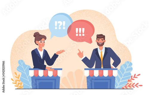 Political debate concept. Man and woman argue publicly, looking for flaws from each other. Democracy and elections, characters trying to become president, politics. Cartoon flat vector illustration photo