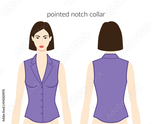 Pointed notch collar neckline clothes character beautiful lady in purple top, shirt technical fashion illustration, fitted body. Flat apparel template front, back sides. Women, men unisex CAD mockup