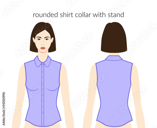 Rounded shirt collar with stand neckline placket clothes character beautiful lady in lavanda top technical fashion illustration. Flat apparel template front, back sides. Women, men unisex CAD mockup