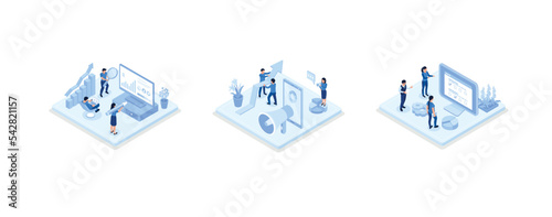 People Characters Analyzing Charts, Graphs, Planning Business Strategy and Managing Data on Laptop and Smartphone. Business Intelligence and Analysis Concept, set isometric vector illustration