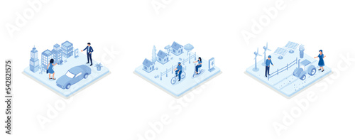 Electric car in modern city center, character driving e-scooter and smart eco farm with windmills and solar panels. Sustainable future concept, set isometric vector illustration