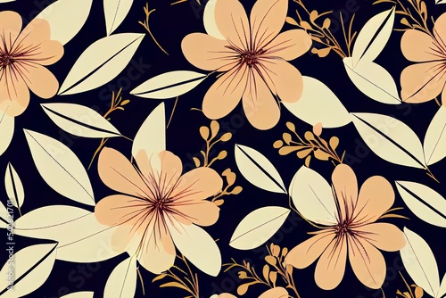Trendy seamless 2d illustrated floral pattern. Endless print made of hand draw flowers, leaves and berries. Summer and spring motifs. Black background. 2d illustrated illustration.