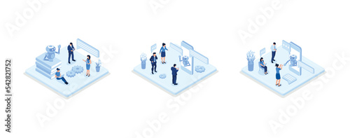Customers having dialog with chatbot on smartphones. Characters chatting with robot, asking questions and receiving answers. AI assistant support and FAQ concept, set isometric vector illustration