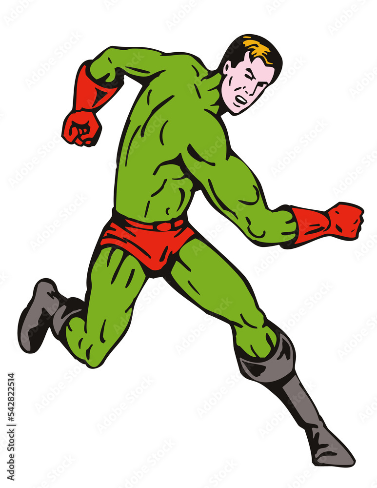 illustration of a cartoon super hero running punching isolated on white background