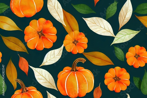 Seamless watercolor pattern with green white pumpkins and autumn leaves. Design for wrapping paper decoration background