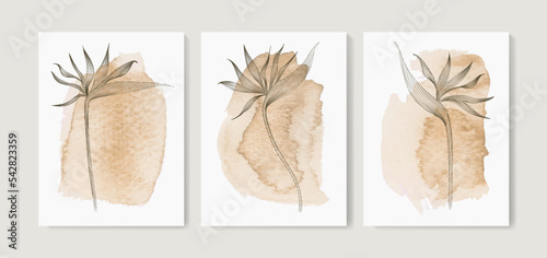 Watercolor art background with paradise flowers hand drawn in art line style. Botanical poster set, for decoration, print, textile, wallpaper, interior design.