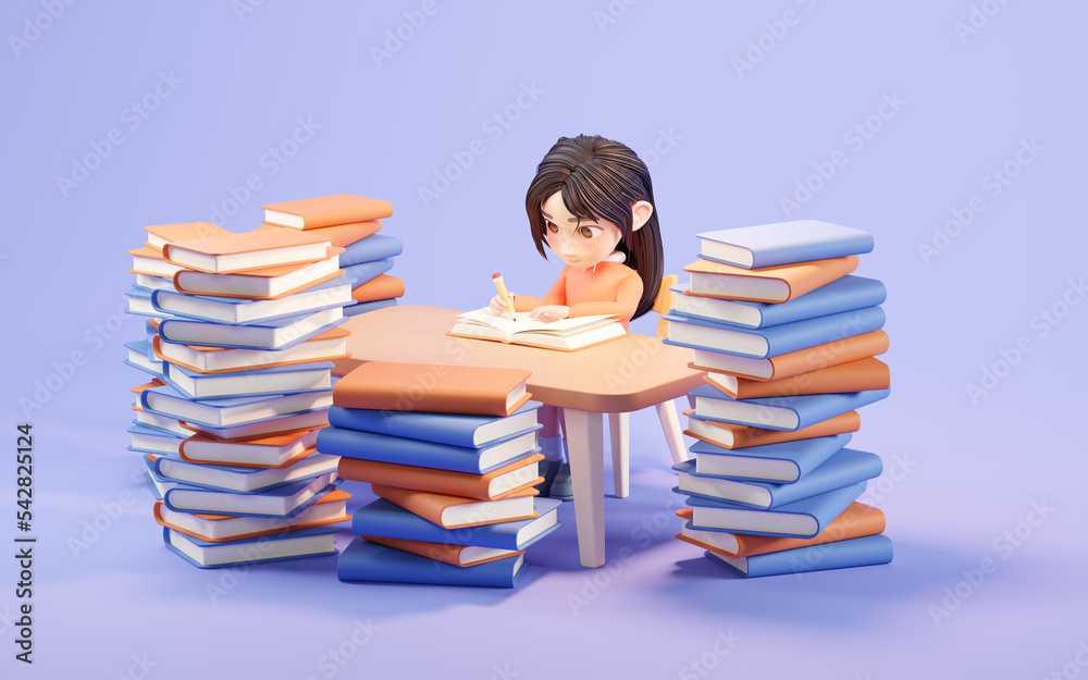 Little girl study hard, learning at desk, 3d rendering. Little girl study hard, learning at desk, 3d rendering.