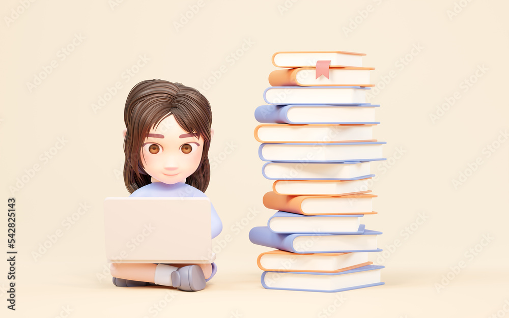 Little girl study hard, working with computer, 3d rendering. Little girl study hard, working with computer, 3d rendering.