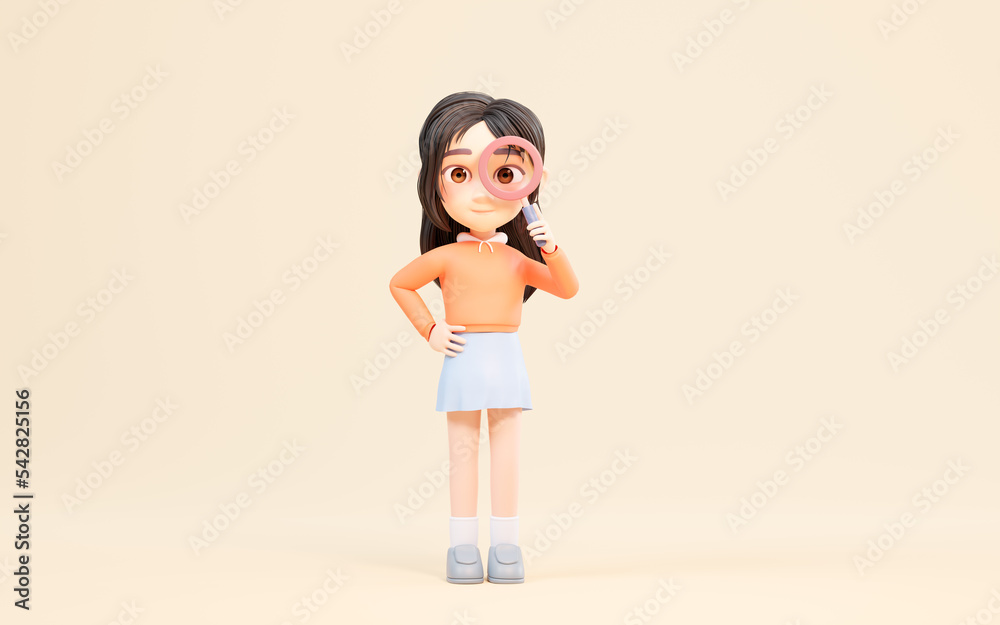 Little girl with magnifying glass in the hand, 3d rendering. Little girl with magnifying glass in the hand, 3d rendering.
