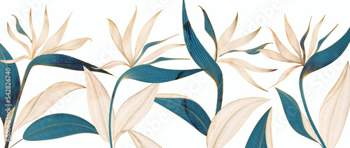 Watercolor white art background with blue and blue paradise flowers in golden art line style. Botanical banner with tropical plants for decoration, print, wallpaper, textile, interior design.