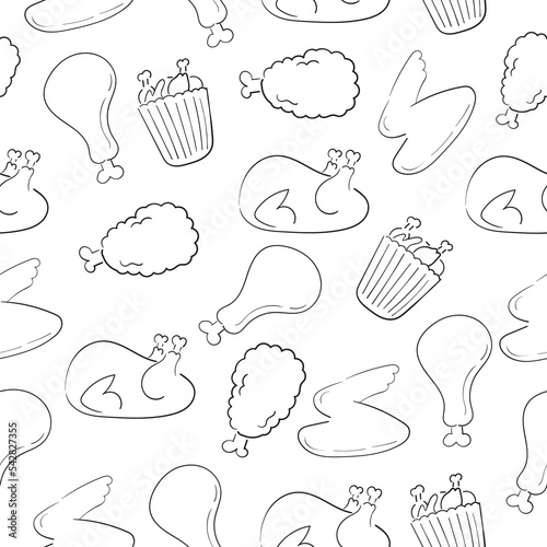 Fried chicken doodle seamless pattern with a black and white color suitable for background or wallpaper