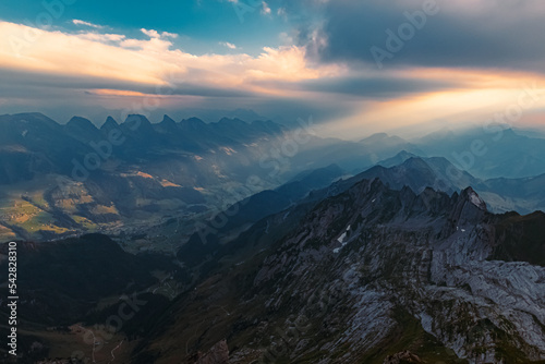 Beautiful alpine sunset at the famous Saentis summit  Schwaegalp  Appenzell  Alpstein  Switzerland