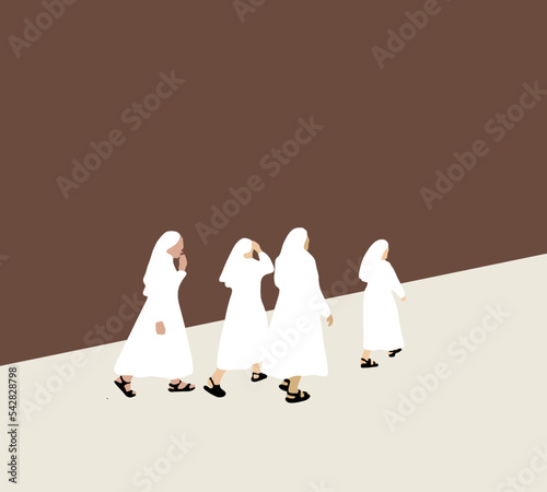 Nuns walk along the narrow streets of the city on a sunny day. Religious procession.