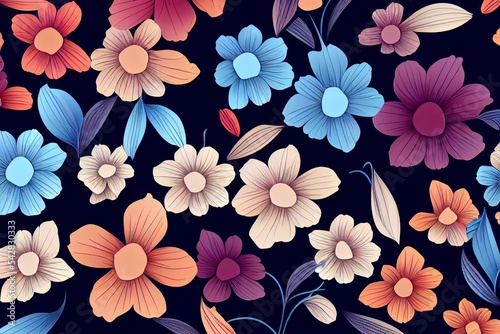 abstract solid 2d illustrated flowers full arrangement  all over design with solid medium color background for textile printing factory