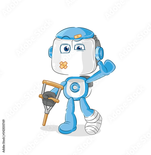 humanoid robot sick with limping stick. cartoon mascot vector