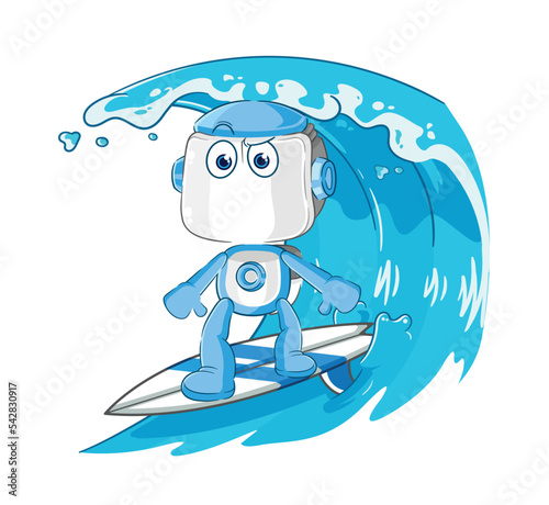 Photography humanoid robot surfing character. cartoon mascot vector