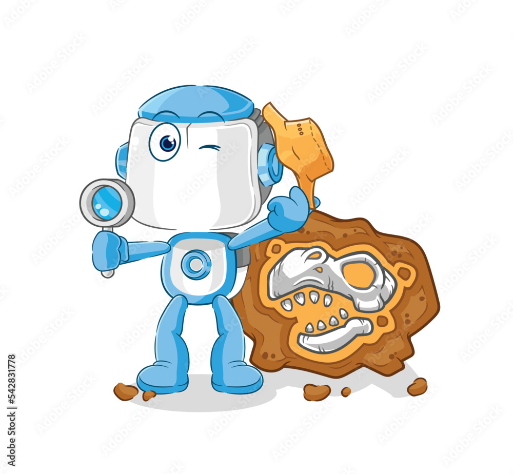 humanoid robot archaeologists with fossils mascot. cartoon vector