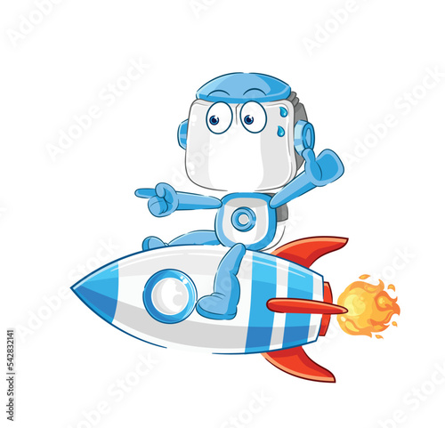 humanoid robot ride a rocket cartoon mascot vector