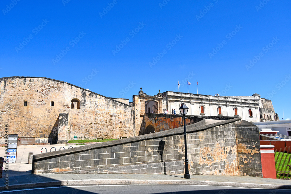 Entrance to the historic ruins of San Cristobal Castillo Fort in Old San Juan city in Puerto Rico, United States.