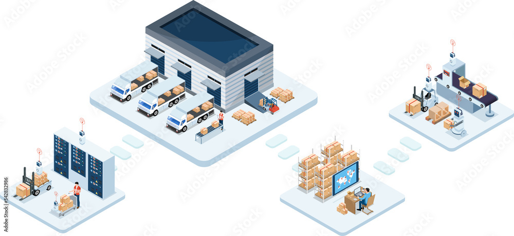 3D isometric Smart logistics concept with Warehouse Logistic, Workers loading products, transportation truck use wireless technoloty. Eps10 vector illustration