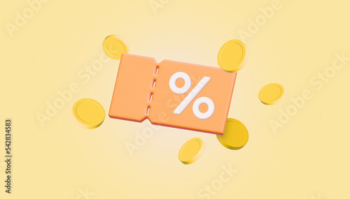 Promotion sale percentage discount coupon and coins floating on orange background. 3D render illustration.