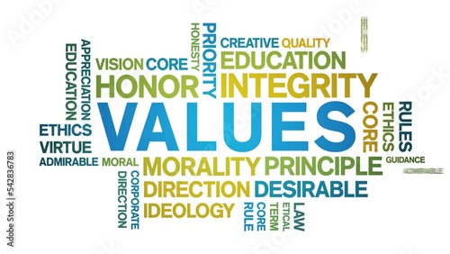 Values animated tag word cloud;text design animation kinetic typography seamless loop.