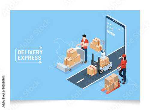 3D isometric Logistics and Delivery services concept with People transport product boxes from suppliers to buyers and Warehouse, truck, forklift. Vector illustration eps10