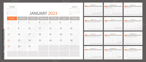 Calendar planner 2023 vector schedule month calender, organizer template. Week starts on Sunday. Business personal page. Modern simple illustration