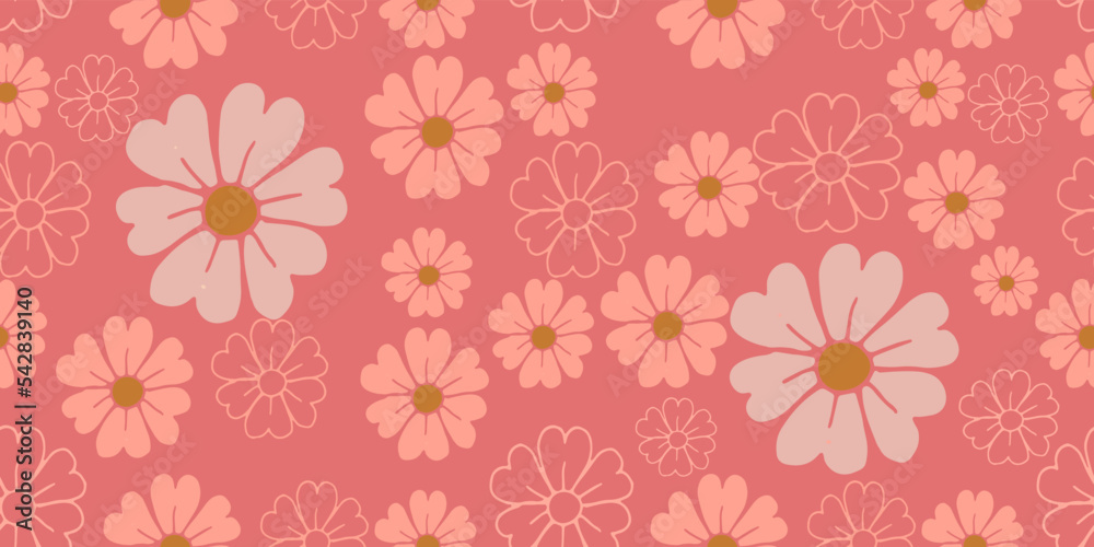 Fototapeta premium Seamless abstract pattern with flowers Pink ornament stylish texture on yellow background