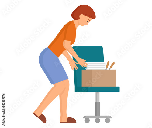 Young woman carrying luggage. Things and utensils are stacked in box, concept of moving or repair. Female character transports things in cardboard boxes to new apartment or office, cleaning at home